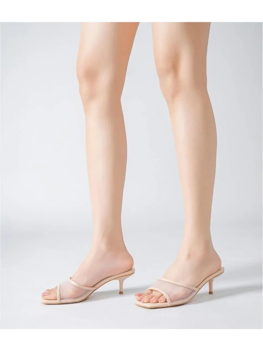 Women's Mesh Nude Faux Leather Square Open Toe Low Heel 2 Inch Heeled Sandal